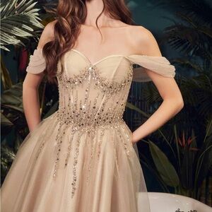Cinderella Gold Sequin Embellished Prom Gown